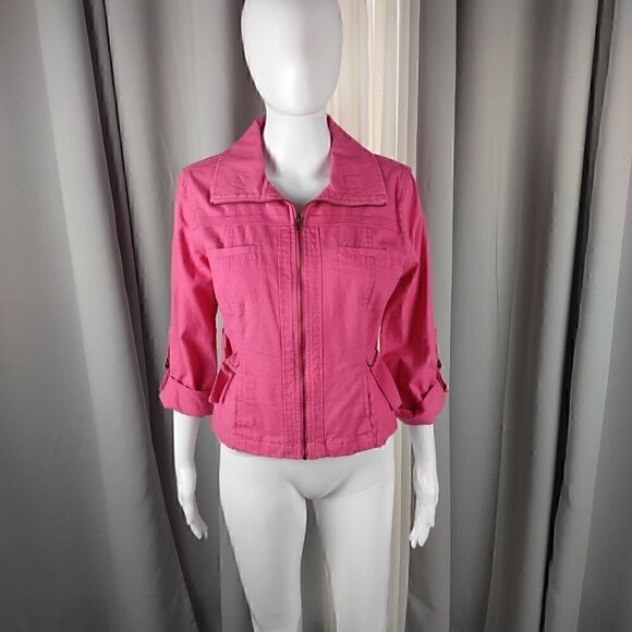Ruby Rd Women’s Hot Pink Denim Stretchy Cotton Zipped Jacket Size 8P - Picture 1 of 9